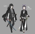  1boy 1girl alternate_costume bangs belt black_coat black_footwear black_gloves black_hair black_jacket black_neckwear black_pants blue_eyes butterfly_hair_ornament coat gloves grey_background hair_between_eyes hair_ornament highres holding holding_sheath holding_sword holding_weapon jacket jacket_on_shoulders katana kimetsu_no_yaiba kochou_shinobu long_hair long_sleeves multicolored_hair necktie pants papajay_(jennygin2) ponytail purple_hair sheath sheathed shirt simple_background sword tomioka_giyuu unsheathed violet_eyes weapon white_neckwear white_shirt 