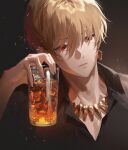  1boy bangs black_shirt blonde_hair close-up closed_mouth collared_shirt cup drink drinking_glass earrings eyebrows_visible_through_hair fajyobore fate/grand_order fate/stay_night fate_(series) gilgamesh_(fate) highres holding holding_cup holding_drink ice ice_cube jewelry neck_ring red_eyes shirt short_hair solo upper_body water_drop 
