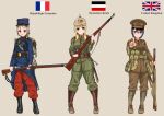  3girls absurdres ammunition_pouch ankle_boots backpack bag belt belt_buckle black_hair blonde_hair blue_eyes blush bolt_action boots braid brown_eyes buckle canteen commentary entrenching_tool french_flag green_eyes gun hat helmet highres imperial_german_flag lebel_model_1886 lee-enfield load_bearing_equipment long_hair looking_at_viewer mauser_98 military military_uniform multiple_girls open_mouth original peaked_cap pickelhaube pointing pouch puttee rifle ryuukihei_rentai silver_hair simple_background single_braid sling smile soldier twintails uniform union_jack weapon world_war_i 