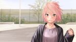 1girl black_jacket blurry blurry_background blush brown_eyes closed_mouth day depth_of_field grey_shirt highres jacket kilye_kairi light_smile long_sleeves looking_at_viewer open_clothes open_jacket original outdoors pink_hair shirt short_hair smile solo