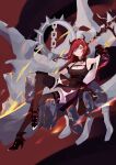  1girl absurdres arknights black_dress demon_girl demon_horns dress ghosty_(xiaobai) highres holding holding_weapon horns long_hair looking_at_viewer redhead sitting surtr_(arknights) sword thigh-highs violet_eyes weapon 