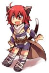  1boy :d ahoge animal_ears armor assassin_(ragnarok_online) bandages bangs blush brown_cape cape cat_ears cat_tail chibi commentary_request crossdressinging emon-yu eyes_visible_through_hair fang full_body hair_between_eyes heart looking_afar male_focus misty_(ragnarok_online) open_mouth otoko_no_ko pauldrons purple_shorts ragnarok_online red_eyes redhead scarf shirt short_hair shorts shoulder_armor simple_background skin_fang sleeveless sleeveless_shirt smile solo tail waist_cape white_background white_scarf 
