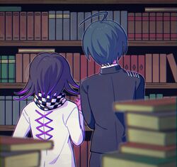  2boys ahoge alternate_hair_color black_hair black_jacket black_pants blue_hair blurry blurry_foreground book bookshelf checkered checkered_scarf commentary_request dangan_ronpa_(series) dangan_ronpa_v3:_killing_harmony depth_of_field facing_away from_behind green_hair hand_up jacket long_sleeves male_focus multicolored_hair multiple_boys ouma_kokichi pants pink_hair saihara_shuuichi sasakama_(sasagaki01) scarf short_hair two-tone_hair upper_body white_jacket 