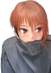  1girl asymmetrical_bangs bangs blush brown_eyes closed_mouth clothes_in_mouth grey_sweater highres kilye_kairi orange_hair original ribbed_sweater short_hair simple_background solo sweater upper_body white_background 