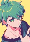  1boy amami_rantarou antenna_hair bangs closed_mouth collarbone commentary_request dangan_ronpa_(series) dangan_ronpa_v3:_killing_harmony ear_piercing earrings eyebrows_visible_through_hair face green_eyes green_hair hair_between_eyes jewelry looking_at_viewer male_focus necklace piercing ring sasakama_(sasagaki01) shiny shiny_hair shirt short_hair simple_background smile solo striped striped_shirt stud_earrings upper_body yellow_background 