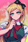  1girl arm_at_side back_bow bangs black_bow blonde_hair blue_eyes blush bow breasts commentary_request dangan_ronpa_(series) dangan_ronpa_v3:_killing_harmony dress green_dress green_eyes hair_bow hair_ornament hand_up large_breasts long_hair looking_at_viewer orange_background outline pink_background ponytail puffy_short_sleeves puffy_sleeves red_bow red_neckwear sasakama_(sasagaki01) shiny shiny_hair shirt short_sleeves smile solo sonia_nevermind upper_body white_outline white_shirt 