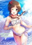  1girl armpit_crease bikini blue_sky blush brown_hair character_name clouds dated day flat_chest flower hair_flower hair_ornament happy_birthday highres idolmaster idolmaster_cinderella_girls long_hair looking_at_viewer ment navel ocean one_eye_closed open_mouth outdoors ponytail red_flower short_hair short_hair_with_long_locks sky smile solo splashing swimsuit takamori_aiko wading white_bikini yellow_eyes 