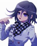  1boy bangs buttons checkered checkered_neckwear checkered_scarf commentary_request dangan_ronpa_(series) dangan_ronpa_v3:_killing_harmony double-breasted grey_jacket hair_between_eyes hand_up jacket long_sleeves looking_at_viewer male_focus open_mouth ouma_kokichi pink_hair sasakama_(sasagaki01) scarf shiny shiny_hair simple_background solo teeth upper_body 