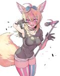  1girl alternate_costume animal_ears asymmetrical_legwear black_shirt blonde_hair blush bow braid breasts casual covered_navel cowboy_shot fangs fox_ears fox_tail gloves hair_bow hair_ornament half_gloves highres hololive kakult2017 looking_at_viewer medium_breasts microphone microphone_stand omaru_polka open_mouth serious shirt short_shorts shorts solo striped striped_legwear t-shirt tail thick_thighs thigh-highs thighs violet_eyes white_background white_shorts 