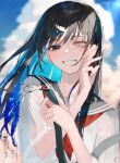  1girl bad_hands black_eyes black_hair black_sailor_collar blue_hair blue_sky blurry blurry_background clouds colored_inner_hair commentary_request day eyebrows_visible_through_hair fingernails grin hands_up heterochromia highres holding holding_hose hose long_hair looking_at_viewer multicolored_hair neckerchief original outdoors parted_lips pink_nails red_neckwear sailor_collar school_uniform serafuku shirt short_sleeves sky smile solo two-tone_hair upper_body water_drop white_eyes white_shirt wind zumi_(neronero126) 