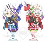  2boys :&lt; :d black_footwear blue_coat blue_eyes blueberry boots brothers brown_footwear brown_gloves character_name chibi coat coattails collarbone crossed_legs dante_(devil_may_cry) demon_horns demon_wings dessert devil_may_cry_(series) devil_may_cry_3 english_text fangs fingerless_gloves food fruit gloves hair_slicked_back highres holding horns ice_cream in_food katana kuronohana long_sleeves male_focus multiple_boys open_mouth oversized_food oversized_object rebellion_(sword) red_coat red_eyes short_hair siblings silver_hair simple_background sitting skewer skin_fangs smile sparkle star_(symbol) strawberry sundae sword torn_clothes torn_sleeves v-shaped_eyebrows vergil_(devil_may_cry) wafer_stick weapon white_background wings yamato_(sword) 