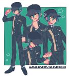  1boy bangs black_hair black_headwear black_jacket black_pants blush buttons character_name character_sheet commentary_request cropped_torso dangan_ronpa_(series) dangan_ronpa_v3:_killing_harmony double-breasted expressions flying_sweatdrops full_body gakuran green_background green_hair hand_on_own_chin hand_up hat jacket looking_at_viewer male_focus multiple_views open_mouth pants saihara_shuuichi sasakama_(sasagaki01) school_uniform short_hair star_(symbol) star_print striped striped_jacket striped_pants 