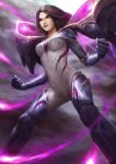 1girl armor artstation_username bodysuit brown_hair clenched_hands energy energy_wings facial_hair feet_out_of_frame fighting_stance firing floating_hair highres isaac_liew kai&#039;sa league_of_legends long_hair parted_lips shoulder_armor smile solo teeth violet_eyes 