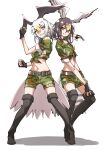  2girls absurdres arm_up bald_eagle_(kemono_friends) bare_arms belt bird_tail bird_wings black_hair blonde_hair boots camouflage camouflage_shirt camouflage_shorts clenched_hands closed_mouth detached_collar eyebrows_visible_through_hair fingerless_gloves full_body gloves gradient_hair grin hair_between_eyes hand_up head_wings highres japari_symbol kemono_friends kemono_friends_3 looking_at_viewer medium_hair midriff multicolored_hair multiple_girls navel northern_goshawk_(kemono_friends) official_alternate_costume orange_eyes outstretched_arm pose shirt short_sleeves shorts sidelocks simple_background smile spread_wings standing stomach tail tanabe_(fueisei) thigh-highs thigh_boots tied_shirt twisted_torso two-tone_hair white_background white_shirt wings yellow_eyes 