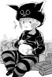  1boy bangs blush blush_stickers clothes_lift dangan_ronpa_(series) dangan_ronpa_v3:_killing_harmony grey_background greyscale half-closed_eyes hat highres hoshi_ryouma looking_down male_focus monochrome navel pants parted_lips shirt_lift shoes sitting solo stomach striped striped_legwear striped_pants suurin_(ksyaro) sweat translation_request 