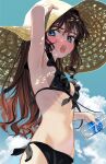  1girl arm_up armpits bikini black_bikini blue_eyes blue_sky blush bottle brand_name_imitation breasts brown_hair clouds commentary_request day elisia_valfelto frilled_bikini frills front-tie_top hair_intakes hat highres holding holding_bottle long_hair looking_at_viewer luicent navel open_mouth original outdoors pocari_sweat side-tie_bikini sky small_breasts solo sun_hat sunlight swimsuit upper_teeth water_bottle 