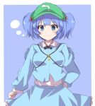  bangs blue_background blue_eyes blue_hair blue_shirt blue_skirt blush border breasts green_headwear kawashiro_nitori key kou89 long_sleeves shirt short_hair skirt small_breasts smile touhou white_border 