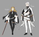  2boys adjusting_clothes adjusting_gloves belt black_footwear black_gloves black_jacket black_pants black_shirt black_vest blonde_hair character_name closed_mouth gloves grey_background hair_between_eyes highres holding holding_sword holding_weapon jacket jacket_on_shoulders katana kimetsu_no_yaiba long_hair male_focus multicolored_hair multiple_boys necktie pants papajay_(jennygin2) red_eyes redhead rengoku_kyoujurou sheath sheathed shirt simple_background sword thick_eyebrows unsheathed uzui_tengen vest weapon white_hair white_jacket white_neckwear white_pants white_vest 