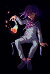  1boy :d arm_support bangs black_background black_footwear burning buttons checkered checkered_scarf closed_eyes commentary_request dangan_ronpa_(series) dangan_ronpa_v3:_killing_harmony double-breasted fire grey_jacket grey_pants holding invisible_chair jacket male_focus multicolored multicolored_clothes multicolored_scarf open_mouth ouma_kokichi pants paper pink_footwear purple_hair purple_scarf sasakama_(sasagaki01) scarf shoes sitting smile solo white_scarf 