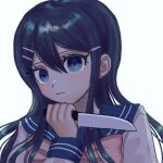  1girl bangs black_hair blue_eyes blue_hair blue_sailor_collar closed_mouth dangan_ronpa:_trigger_happy_havoc dangan_ronpa_(series) esu_(tasoesu) frown grey_background hair_between_eyes hair_ornament hairclip hand_on_own_chin hand_up holding holding_knife knife long_hair long_sleeves looking_at_viewer maizono_sayaka sailor_collar school_uniform serafuku shiny shiny_hair shirt simple_background solo upper_body white_shirt 