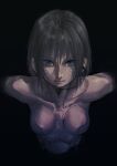  1girl android black_background blue_eyes breasts closed_mouth completely_nude grey_hair kilye_kairi looking_at_viewer medium_breasts medium_hair nude original simple_background solo upper_body 