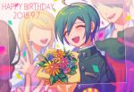  2boys 3girls :d akamatsu_kaede bangs black_jacket blue_flower blurry blurry_background blurry_foreground blush bouquet collared_shirt commentary_request dangan_ronpa_(series) dangan_ronpa_v3:_killing_harmony dated depth_of_field facial_hair flower goatee green_flower green_hair green_headwear grey_shirt hair_ornament hair_scrunchie happy_birthday harukawa_maki hat holding holding_bouquet jacket momota_kaito multiple_boys multiple_girls necktie no_eyes open_mouth orange_flower pink_flower pink_jacket pink_vest red_scrunchie redhead saihara_shuuichi sasakama_(sasagaki01) scrunchie shirt short_hair smile solo_focus striped_jacket upper_body upper_teeth vest witch_hat yumeno_himiko 