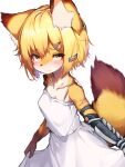  1girl absurdres animal_ear_fluff animal_ears animal_nose arknights blonde_hair breasts commentary cowboy_shot dress fang fox_ears fox_girl fox_tail furrification furry hair_ornament hairclip highres oripathy_lesion_(arknights) prosthesis prosthetic_arm short_hair simple_background skin_fang small_breasts solo spaghetti_strap tab_head tail vermeil_(arknights) white_background white_dress yellow_eyes 