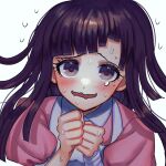  1girl apron bandages bangs black_hair blush clenched_hands commentary_request dangan_ronpa_(series) dangan_ronpa_2:_goodbye_despair esu_(tasoesu) face flying_sweatdrops hands_up long_hair looking_at_viewer mole mole_under_eye open_mouth pink_shirt puffy_short_sleeves puffy_sleeves shiny shiny_hair shirt short_sleeves simple_background solo sweat tsumiki_mikan upper_body wavy_mouth white_background 