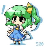 ! 1girl ascot blue_dress blush_stickers bow chibi collared_shirt commentary_request daiyousei dress drop_shadow eyebrows_visible_through_hair eyes_visible_through_hair fairy_wings full_body green_hair hair_bow multiple_wings no_nose puffy_short_sleeves puffy_sleeves shirt short_hair short_sleeves side_ponytail simple_background solo takasegawa_yui touhou white_background white_shirt wings yellow_bow yellow_neckwear 