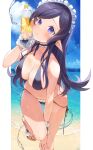  1girl bare_arms bare_shoulders beach between_legs bikini black_bikini black_choker black_hair bottle choker collarbone elf frilled_bikini frilled_choker frills headdress highres holding hu_kotora long_hair looking_at_viewer original parted_lips pointy_ears side-tie_bikini sidelocks slippers solo string_bikini swimsuit thighs violet_eyes water water_bottle wet wrist_cuffs 