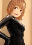  1girl :d black_bodysuit blush bob_cut bodysuit breasts brown_eyes highres kilye_kairi latex_bodysuit looking_at_viewer medium_breasts medium_hair open_mouth original skin_tight smile solo upper_body yellow_background 