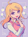  1girl :d ahoge akamatsu_kaede bangs blonde_hair blush collared_shirt commentary_request dangan_ronpa_(series) dangan_ronpa_v3:_killing_harmony dated flower grey_background hair_ornament hand_up long_hair long_sleeves looking_at_viewer musical_note_hair_ornament necktie open_mouth sasakama_(sasagaki01) shiny shiny_hair shirt smile solo sweater_vest upper_body upper_teeth violet_eyes white_flower white_shirt 