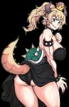  &gt;:) 1girl absurdres ass back bare_shoulders black_background black_collar black_dress black_panties blonde_hair blue_eyes bowsette bracelet breasts clothes_lift collar crown dinoyhs dress dress_lift earrings eyebrows_visible_through_hair fingernails grin high_ponytail highres horns jewelry korean_commentary large_breasts long_hair super_mario_bros. new_super_mario_bros._u_deluxe panties pointy_ears sharp_fingernails sharp_teeth simple_background smile solo spiked_armlet spiked_bracelet spiked_collar spiked_shell spiked_tail spikes strapless strapless_dress super_crown tail tail_lift teeth toned turtle_shell twisted_torso underwear v-shaped_eyebrows 