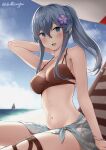  1girl arm_up armpits bare_arms bare_shoulders beach bikini blue_eyes blue_hair blue_sky blurry blurry_background blush breasts clouds day depth_of_field driftkingtw eyebrows_visible_through_hair gotland_(kancolle) hair_between_eyes halterneck kantai_collection long_hair looking_at_viewer mole mole_under_eye navel ocean open_mouth outdoors remodel_(kantai_collection) sarong sky smile solo swimsuit 