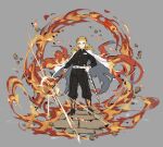  1boy absurdres belt black_pants blonde_hair cape closed_mouth fire full_body grey_background hand_on_hip highres holding holding_sword holding_weapon katana kimetsu_no_yaiba long_hair male_focus multicolored_hair pants papajay_(jennygin2) redhead rengoku_kyoujurou sheath simple_background solo standing sword thick_eyebrows unsheathed weapon white_belt 