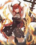  1girl absurdres argus_(argus86998927) arknights arms_behind_back black_dress collar demon_girl demon_horns dress fire highres horns huge_filesize redhead spiked_collar spikes surtr_(arknights) sword violet_eyes weapon 