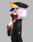  1girl absurdres black_coat black_headwear coat commentary english_commentary from_side gloves grey_background hat highres looking_at_viewer looking_to_the_side lordol medium_hair original peaked_cap profile purple_hair sideways_glance simple_background solo violet_eyes white_gloves 