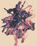  1boy closed_mouth commentary english_commentary glowing glowing_eyes highres holding holding_sword holding_weapon katana looking_at_viewer scarf sekiro sekiro:_shadows_die_twice shimhaq sword weapon weapon_on_back wolf yellow_background 