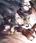  1girl bandana belt black_gloves black_hair blood blood_splatter breasts cinders crop_top elbow_gloves explosion falling fingerless_gloves firing girls_frontline gloves glowing_lines green_eyes green_trim grin gun highres holding holding_gun holding_knife holding_weapon knife long_hair looking_at_viewer low-tied_long_hair low_twintails mac-10 mac-10_(girls_frontline) motion_blur rabb_horn shadow short_shorts shorts small_breasts smile solo stitches submachine_gun thick_thighs thigh_pouch thigh_strap thighs torn_clothes twintails upside-down weapon 