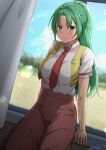 1girl blush green_eyes green_hair highres higurashi_no_naku_koro_ni leaning_back lens_flare long_skirt looking_at_viewer open_clothes open_vest oshiza ponytail red_neckwear red_skirt shirt skirt smile sonozaki_mion vest white_curtains window yellow_vest