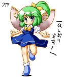  1girl blue_dress blue_eyes blush bow collared_shirt commentary_request daiyousei dress eyebrows_visible_through_hair eyes_visible_through_hair fairy_wings full_body green_hair hair_bow looking_at_viewer puffy_short_sleeves puffy_sleeves shirt short_hair short_sleeves side_ponytail simple_background solo standing standing_on_one_leg takasegawa_yui touhou translation_request white_background white_shirt wings yellow_bow yellow_neckwear 