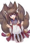  1girl :o absurdres amagi-chan_(azur_lane) animal_ears azur_lane bangs blunt_bangs brown_hair chan&#039;nu claw_pose commentary_request detached_sleeves eyebrows_visible_through_hair eyes_visible_through_hair eyeshadow fox_ears fox_girl fox_tail from_above full_body highres kyuubi long_hair looking_at_viewer looking_up makeup manjuu_(azur_lane) multiple_tails off-shoulder_kimono rope shimenawa sidelocks simple_background solo standing tail thick_eyebrows twintails violet_eyes white_background wide_hips 