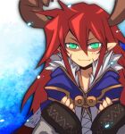  1boy alchemist_(ragnarok_online) antlers bangs blue_cape cape closed_mouth commentary_request emon-yu fangs fangs_out green_eyes hair_between_eyes long_hair long_sleeves looking_at_viewer male_focus pointy_ears ragnarok_online redhead shaded_face slit_pupils smile solo upper_body 