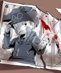  1boy bangs blood blush blush_stickers broken_photo cigarette commentary_request dangan_ronpa_(series) dangan_ronpa_v3:_killing_harmony half-closed_eye hat highres holding_hands hoshi_ryouma jacket long_sleeves looking_at_viewer male_focus mouth_hold one_eye_closed photo_(object) shirt short_hair sketch smile solo_focus spot_color striped striped_shirt suurin_(ksyaro) tree upper_body very_short_hair 