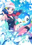  1girl :d absurdres beanie black_legwear blue_eyes blue_hair blurry blush boots bubble_(pokemon) bubble_beam_(pokemon) clenched_hand commentary hikari_(pokemon) eyelashes floating_hair floating_scarf gen_4_pokemon hair_ornament hairclip hat highres long_hair looking_at_viewer open_mouth pink_footwear piplup pointing pokemon pokemon_(anime) pokemon_(creature) pokemon_dppt_(anime) pon_yui red_scarf scarf shiny shiny_skin sleeveless smile socks starter_pokemon tongue upper_teeth water water_drop white_headwear 