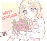  1boy 1girl :o akamatsu_kaede amami_rantarou bangs blonde_hair blush bouquet bracelet brown_flower collared_shirt collared_shrit commentary_request dangan_ronpa_(series) dangan_ronpa_v3:_killing_harmony fc_(efushii) flower hair_ornament happy_birthday holding holding_bouquet jewelry musical_note_hair_ornament necktie open_mouth orange_neckwear pink_background pink_flower ring rose shirt solo_focus sweater_vest thumb_ring upper_body white_background white_shirt yellow_background 