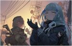  2girls adjusting_clothes adjusting_gloves agent_416_(girls_frontline) armband asymmetrical_gloves bangs black_gloves black_jacket blue_eyes blue_hair blurry blurry_background brown_coat character_request closed_mouth coat commentary crossed_arms dusk dutch_angle eyebrows_visible_through_hair frown girls_frontline gloves grey_gloves grey_hair gun hair_ornament highres hk416_(girls_frontline) jacket long_hair long_sleeves looking_at_viewer mask mask_around_neck mismatched_gloves multiple_girls outdoors power_lines satellite_dish short_hair siguma_(13238772100) sunset transmission_tower upper_body utility_pole weapon weapon_on_back weapon_request x_hair_ornament 