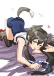  1girl afterimage all_fours black_hair black_legwear commentary_request crop_top dog_tail fuji_(pixiv24804665) green_eyes hair_ribbon headgear highres i-47_(kancolle) kantai_collection long_hair looking_at_viewer low-tied_long_hair ribbon rudder_footwear sailor_collar sailor_shirt school_swimsuit see-through_skirt shirt sidelocks simple_background skirt sleeveless sleeveless_shirt solo swimsuit tail tail_wagging thigh-highs tress_ribbon white_background white_sailor_collar 