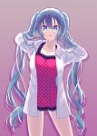  1girl bangs blue_eyes blue_hair blush collarbone collared_shirt floating_hair gradient gradient_background hair_between_eyes hands_in_hair hatsune_miku highres long_hair long_sleeves looking_at_viewer open_clothes open_mouth open_shirt pikata polka_dot_skirt purple_background red_shirt shiny shiny_hair shiny_skin shirt solo standing twintails very_long_hair vocaloid white_shirt wing_collar 