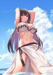  1girl absurdres arms_behind_head bikini black_hair blue_sky breasts closed_mouth clouds commentary_request day haitekudasai_takamine-san highres large_breasts long_hair looking_at_viewer navel nyuubara_reona ocean partially_submerged rebutsu red_eyes sarong sky smile swimsuit wet white_bikini 